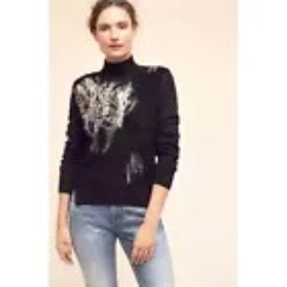 Anthropologie Knitted & Knotted Fete Sweater Beaded Wool Blend Black XL OB541218 - Picture 1 of 15